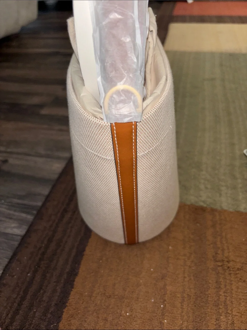 Tory Burch Beige Canvas Bucket Tote with Logo Medallion